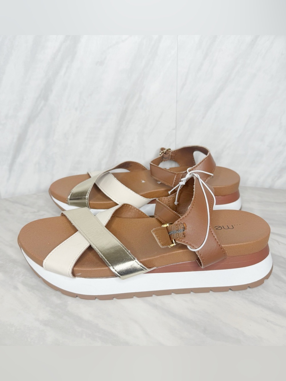 Me too Women’s Tan, Cream & Gold Platform Sandal 8.5